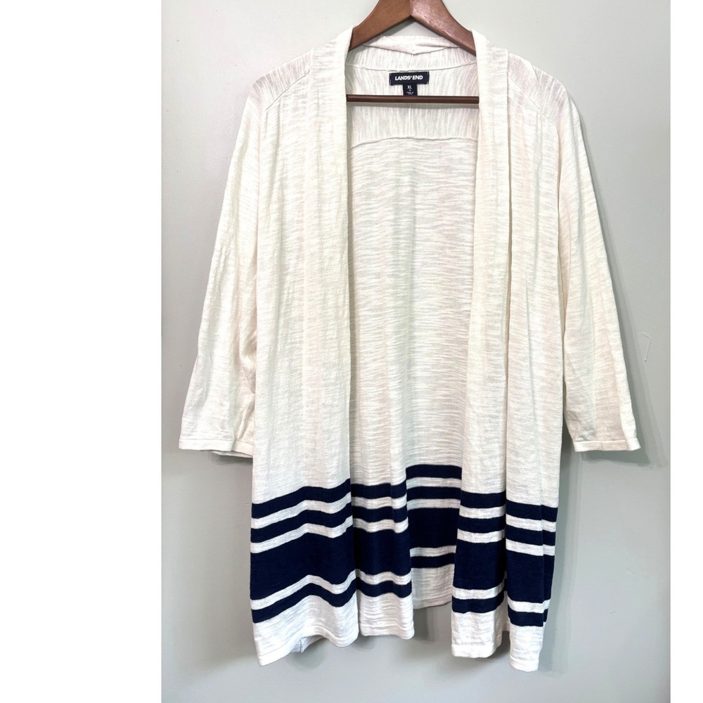 Lands End Womens XL Ivory Navy Blue Striped Open Front Cardigan Slub  3/4 Sleeve
